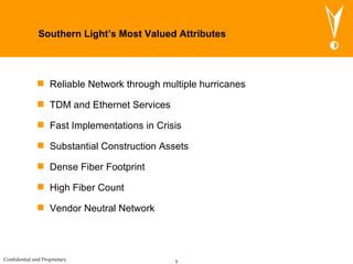 Southern Light’s Most Valued Attributes Reliable Network through multiple hurricanes TDM and Ethernet Services Fast Implementations in Crisis Substantial Construction Assets Dense Fiber Footprint High Fiber Count Vendor Neutral Network 
