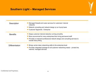 Description Managed firewall and router services for customers’ internal networks  Network consulting and network design on an hourly basis Customer Segments:  Enterprise  Differentiation Benefits Brings carrier-class networking skills to the enterprise level Provides integrated package for all customer networking needs – private line, Internet, managed services Keeps customer internal networks running smoothly More economical for many enterprises than hiring permanent staff Provides on-demand professional network design and consulting services to handle heavy-lifting Southern Light – Managed Services 