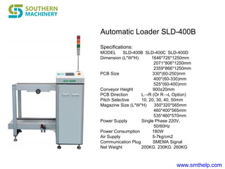 www.smthelp.com
Specifications:
MODEL SLD-400B SLD-400C SLD-400D
Dimension (L*W*H) 1646*726*1250mm
2071*806*1250mm
2359*866*1250mm
PCB Size 330*(60-250)mm
400*(60-330)mm
525*(60-400)mm
Conveyor Height 900±20mm
PCB Direction L→R (Or R→L Option)
Pitch Selective 10, 20, 30, 40, 50mm
Magazine Size (L*W*H) 350*320*565mm
460*400*565mm
535*460*570mm
Power Supply Single Phase 220V,
50/60Hz
Power Consumption 180W
Air Supply 5-7kg/cm2
Communication Plug SMEMA Signal
Net Weight 200KG 230KG 260KG
Automatic Loader SLD-400B
 