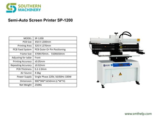 www.smthelp.com
MODEL SP-1200
PCB Size 350 X 1200mm
Printing Area 320 X 1270mm
PCB Fixed System PCB Outer Or Pin Positioning
Frame Size 370X470mm，550X650mm
Adjusting for table Front
Printing Accuracy ±0.05mm
Repeating Accuracy ±0.02mm
PCB Thickness 0.2-2.0mm
Air Source 4-6kg
Power Supply Single Phase 220V, 50/60Hz 100W
Dimension 900*900*1650mm (L*W*H)
Net Weight 250KG
Semi-Auto Screen Printer SP-1200
 