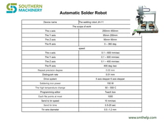 www.smthelp.com
Device name The welding robot JH-11
The scope of work
The x axis 250mm 450mm
The Y axis 95mm 295mm
The Z axis 95mm 95mm
The R axis 0 – 360 deg
speed
The x axis 0.1 – 600 mm/sec
The Y axis 0.1 – 600 mm/sec
The Z axis 0.1 – 400 mm/sec
The R axis 400 deg /sec
Repeat precision degree 0.02 mm
Distinguish rate 0.01 mm
Drive system 5 axis stepper 6 axis stepper
Soldering iron power 150 W
The high temperature change 50 – 550 C
Programming editor Teach box
Each file points at most 1000
Send to tin speed 10 mm/sec
Send tin time 0.5-20 sec
Tin wire diameter 0.5 -1.2 mm
Automatic Solder Robot
 