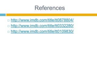 Referenceshttp://www.imdb.com/title/tt0878804/http://www.imdb.com/title/tt0332280/http://www.imdb.com/title/tt0109830/