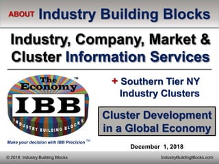 Make your decision with IBB Precision TM
IndustryBuildingBlocks.com© 2018 Industry Building Blocks
ABOUT Industry Building Blocks
Industry, Company, Market &
Cluster Information Services
December 1, 2018
+ Southern Tier NY
Industry Clusters
Cluster Development
in a Global Economy
 