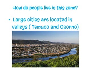 How do people live in this zone?
▪ Large cities are located in
valleys ( Temuco and Osorno)
 