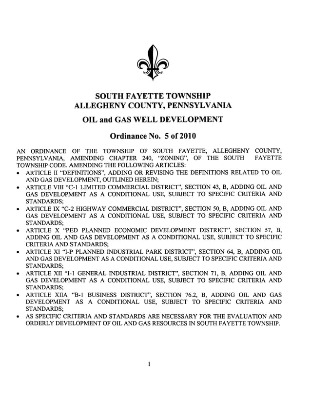 South Fayette Township, PA Oil & Gas Well Drilling Ordinance