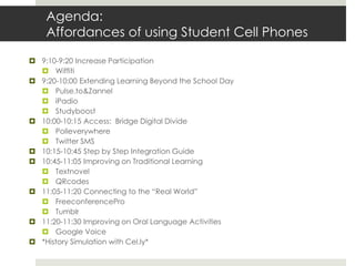 Agenda: Affordances of using Student Cell Phones9:10-9:20 Increase ParticipationWiffiti9:20-10:00 Extending Learning Beyond the School DayPulse.to &ZanneliPadioStudyboost10:00-10:15 Access:  Bridge Digital DividePolleverywhereTwitter SMS10:15-10:45 Step by Step Integration Guide10:45-11:05 Improving on Traditional LearningTextnovelQRcodes11:05-11:20 Connecting to the “Real World”FreeconferenceProTumblr11:20-11:30 Improving on Oral Language ActivitiesGoogle Voice*History Simulation with Cel.ly*