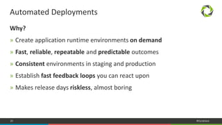 20 #Dynatrace
Why?
» Create application runtime environments on demand
» Fast, reliable, repeatable and predictable outcomes
» Consistent environments in staging and production
» Establish fast feedback loops you can react upon
» Makes release days riskless, almost boring
Automated Deployments
 