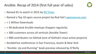 48 #Dynatrace
» Named #1 to watch in 2015 by SD Times
» Named a Top 10 open source project by Red Hat’s opensource.com
» > 1 Million Downloads
» > 40 dedicated Ansible meetups (happen regularly)
» > 300 customers across all verticals (Ansible Tower)
» > 900 contributors on GitHub (one of GitHub’s most active projects)
» AnsibleFest conferences in San Francisco, Austin & New York
» “Ansible: Up and Running” book preview released by O’Reilly
Ansible: Recap of 2014 (first full year of sales)
 