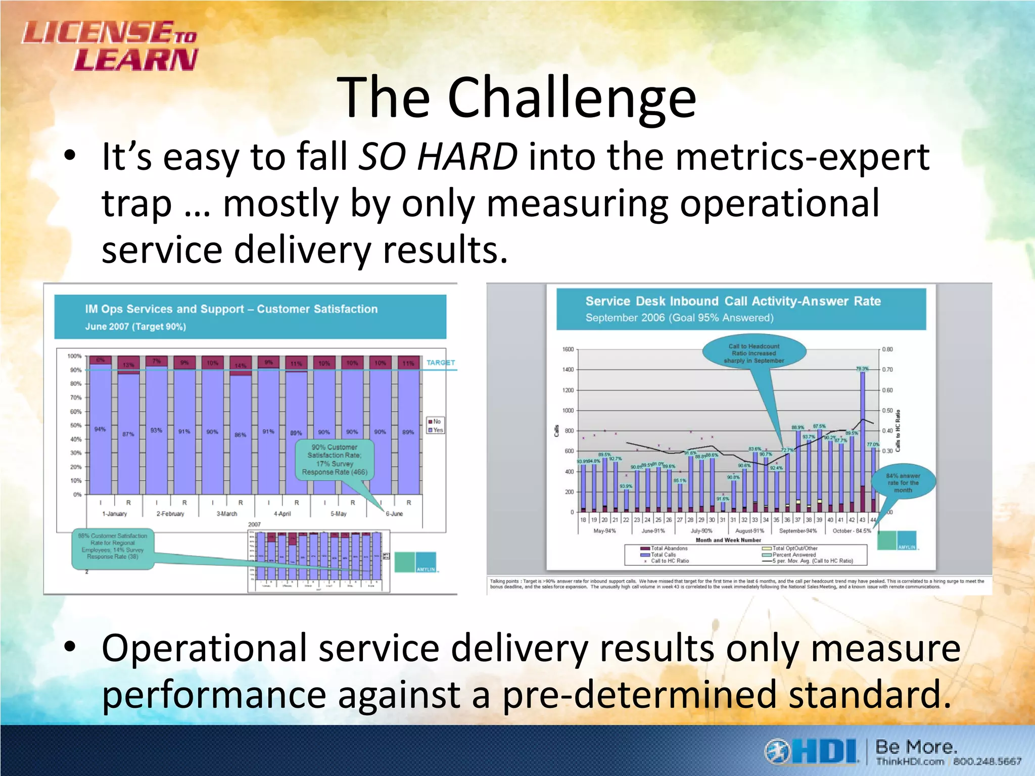 The Challenge
• It’s easy to fall SO HARD into the metrics-expert
  trap … mostly by only measuring operational
  service delivery results.




• Operational service delivery results only measure
  performance against a pre-determined standard.
 