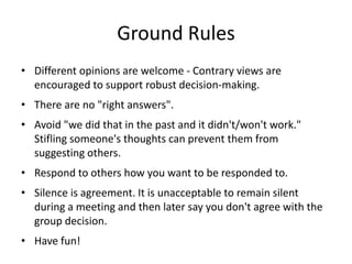 Ground Rules
• Different opinions are welcome - Contrary views are
  encouraged to support robust decision-making.
• There are no "right answers".
• Avoid "we did that in the past and it didn't/won't work."
  Stifling someone's thoughts can prevent them from
  suggesting others.
• Respond to others how you want to be responded to.
• Silence is agreement. It is unacceptable to remain silent
  during a meeting and then later say you don't agree with the
  group decision.
• Have fun!
 
