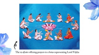 The 12 āḻvārs offering prayers to a lotus representing Lord Viṣṇu
 