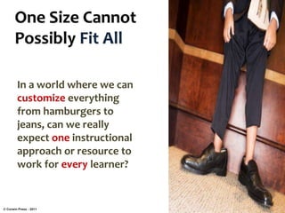 One Size Cannot
Possibly Fit All
© Corwin Press - 2011
In a world where we can
customize everything
from hamburgers to
jeans, can we really
expect one instructional
approach or resource to
work for every learner?
 