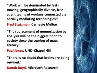 “Work will be dominated by fast-
moving, geographically diverse, free-
agent teams of workers connected via
socially mediating technologies.”
Fred Stutzman, Carnegie Mellon
“The replacement of memorization by
analysis will be the biggest boon to
society since the coming of mass
literacy.”
Paul Jones, UNC- Chapel Hill
“There is no doubt that brains are being
rewired.”
Danah Boyd, Microsoft Research
 