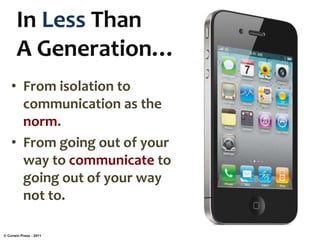 In Less Than
A Generation…
• From isolation to
communication as the
norm.
• From going out of your
way to communicate to
going out of your way
not to.
© Corwin Press - 2011
 