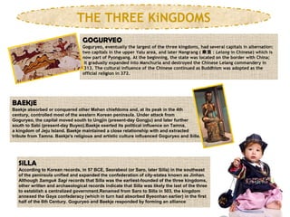 THE THREE KiNGDOMS
GOGURYEO
Goguryeo, eventually the largest of the three kingdoms, had several capitals in alternation:
two capitals in the upper Yalu area, and later Nangrang ( 樂浪 : Lelang in Chinese) which is
now part of Pyongyang. At the beginning, the state was located on the border with China;
it gradually expanded into Manchuria and destroyed the Chinese Lelang commandery in
313. The cultural influence of the Chinese continued as Buddhism was adopted as the
official religion in 372.

BAEKjE
Baekje absorbed or conquered other Mahan chiefdoms and, at its peak in the 4th
century, controlled most of the western Korean peninsula. Under attack from
Goguryeo, the capital moved south to Ungjin (present-day Gongju) and later further
south to Sabi (present-day Buyeo).Baekje exerted its political influence on Tamna,
a kingdom of Jeju Island. Baekje maintained a close relationship with and extracted
tribute from Tamna. Baekje's religious and artistic culture influenced Goguryeo and Silla.

SiLLA
According to Korean records, in 57 BCE, Seorabeol (or Saro, later Silla) in the southeast
of the peninsula unified and expanded the confederation of city-states known as Jinhan.
Although Samguk Sagi records that Silla was the earliest-founded of the three kingdoms,
other written and archaeological records indicate that Silla was likely the last of the three
to establish a centralized government.Renamed from Saro to Silla in 503, the kingdom
annexed the Gaya confederacy (which in turn had absorbed Byeonhan earlier) in the first
half of the 6th Century. Goguryeo and Baekje responded by forming an alliance

 