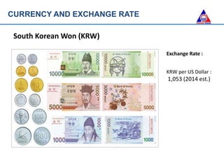 CURRENCY AND EXCHANGE RATE
South Korean Won (KRW)
Exchange Rate :
KRW per US Dollar :
1,053 (2014 est.)
 