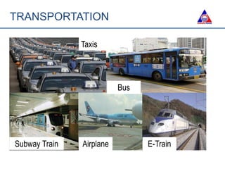 TRANSPORTATION
Taxis
Bus
Subway Train Airplane E-Train
 
