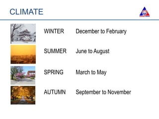 CLIMATE
WINTER December to February
SPRING March to May
SUMMER June to August
AUTUMN September to November
 