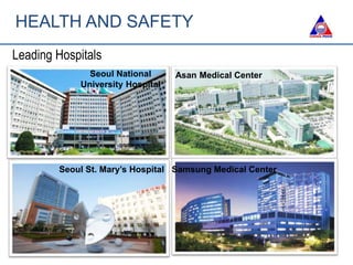 HEALTH AND SAFETY
Leading Hospitals
Seoul National
University Hospital
Seoul St. Mary’s Hospital Samsung Medical Center
Asan Medical Center
 