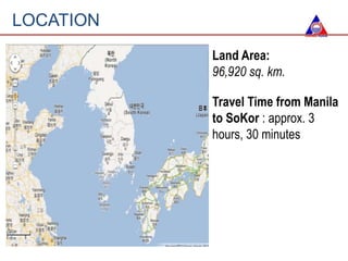 LOCATION
Travel Time from Manila
to SoKor : approx. 3
hours, 30 minutes
Land Area:
96,920 sq. km.
 