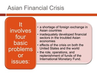 Asian Financial Crisis

     It    • a shortage of foreign exchange in
involves     Asian countries
           • inadequately developed financial
   four      sectors in the troubled Asian
             economies
  basic    • effects of the crisis on both the
problems     United States and the world
           • the role, operations, and
    or       replenishment of funds of the
             International Monetary Fund.
 issues:
 
