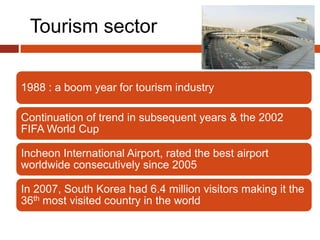 Tourism sector

1988 : a boom year for tourism industry

Continuation of trend in subsequent years & the 2002
FIFA World Cup

Incheon International Airport, rated the best airport
worldwide consecutively since 2005

In 2007, South Korea had 6.4 million visitors making it the
36th most visited country in the world
 