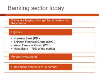 Banking sector today
 Banks are largely no longer handmaidens to
 the chaebol


 Big Four

 •   Kookmin Bank (KB )
 •   Shinhan Financial Group (SHG )
 •   Woori Financial Group (WF )
 •   Hana Bank -- 70% of the market

 Foreign investments


 Retail banks shrunk to 11 in number
 