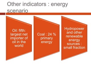 Other indicators : energy
scenario


                               Hydropower
   Oil: fifth:
                                 and other
 largest net     Coal : 24 %
                                renewable
 importer of      primary
                                  energy
  oil in the       energy
                                 sources :
    world
                               small fraction
 