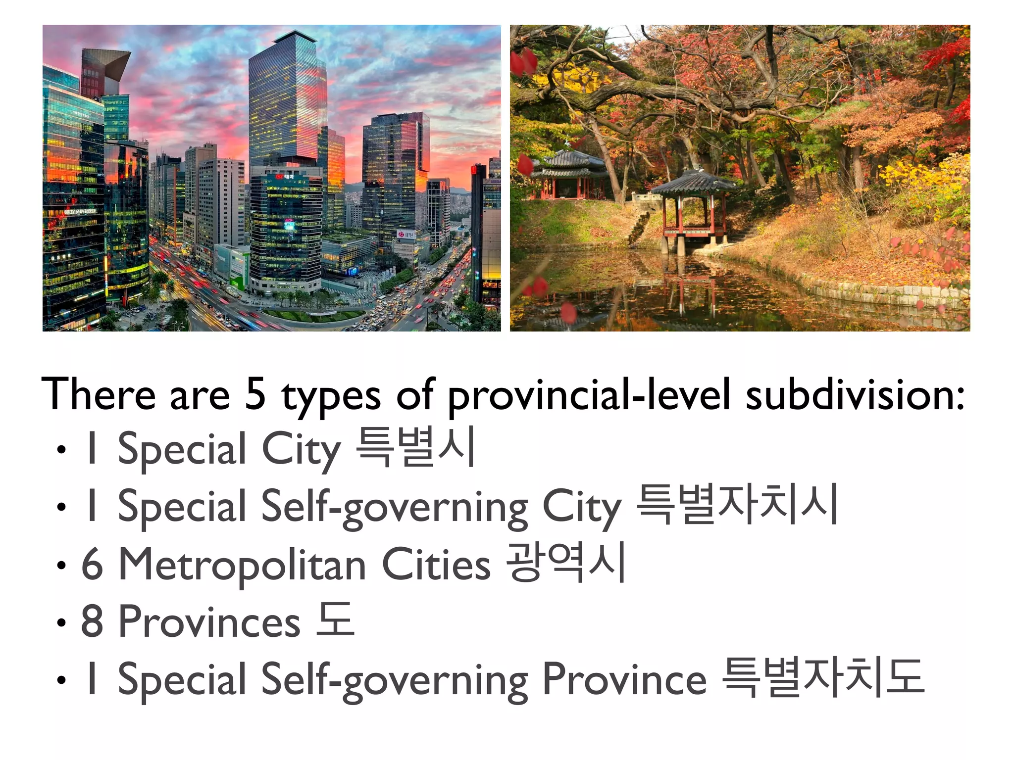 There are 5 types of provincial-level subdivision:
• 1 Special City 특별시
• 1 Special Self-governing City 특별자치시
• 6 Metropolitan Cities 광역시
• 8 Provinces 도
• 1 Special Self-governing Province 특별자치도
 