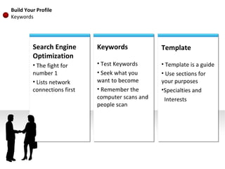 Search Engine Optimization The fight for number 1 Lists network connections first Keywords Test Keywords Seek what you want to become Remember the computer scans and people scan Template Template is a guide Use sections for your purposes Specialties and  Interests Build Your Profile Keywords 