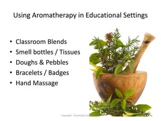 Using Aromatherapy in Educational Settings


•   Classroom Blends
•   Smell bottles / Tissues
•   Doughs & Pebbles
•   Bracelets / Badges
•   Hand Massage



                    Copyright - Essentially Holistic 2012
 