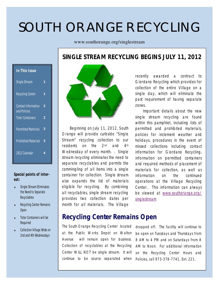 South Orange Single Stream Recycling Information