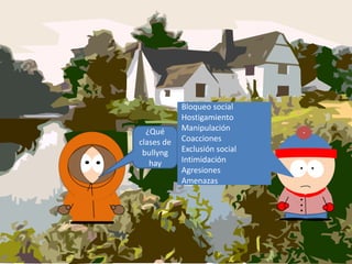 ¿Qué
clases de
bullyng
hay

Bloqueo social
Hostigamiento
Manipulación
Coacciones
Exclusión social
Intimidación
Agresiones
Amenazas

 