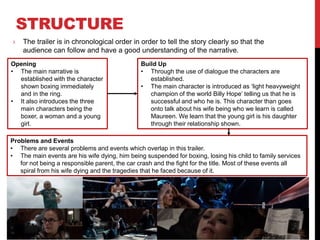 STRUCTURE
Opening
• The main narrative is
established with the character
shown boxing immediately
and in the ring.
• It also introduces the three
main characters being the
boxer, a woman and a young
girl.
Build Up
• Through the use of dialogue the characters are
established.
• The main character is introduced as ‘light heavyweight
champion of the world Billy Hope’ telling us that he is
successful and who he is. This character than goes
onto talk about his wife being who we learn is called
Maureen. We learn that the young girl is his daughter
through their relationship shown.
Problems and Events
• There are several problems and events which overlap in this trailer.
• The main events are his wife dying, him being suspended for boxing, losing his child to family services
for not being a responsible parent, the car crash and the fight for the title. Most of these events all
spiral from his wife dying and the tragedies that he faced because of it.
› The trailer is in chronological order in order to tell the story clearly so that the
audience can follow and have a good understanding of the narrative.
 