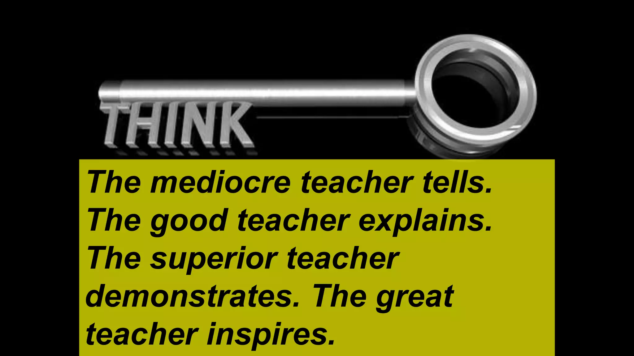 The mediocre teacher tells.
The good teacher explains.
The superior teacher
demonstrates. The great
teacher inspires.
 