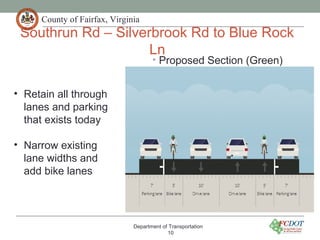 County of Fairfax, Virginia
Southrun Rd – Silverbrook Rd to Blue Rock
Ln
• Proposed Section (Green)
Department of Transportation
10
• Retain all through
lanes and parking
that exists today
• Narrow existing
lane widths and
add bike lanes
 