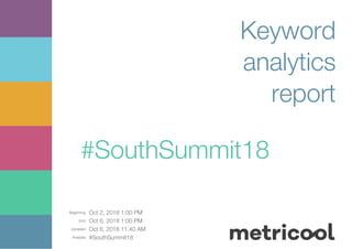 Beginning: Oct 2, 2018 1:00 PM
End: Oct 6, 2018 1:00 PM
Updated: Oct 6, 2018 11:40 AM
Analysis: #SouthSummit18
Keyword
analytics
report
#SouthSummit18
 