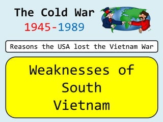 The Cold War
1945-1989
Weaknesses of
South
Vietnam
Reasons the USA lost the Vietnam War
 
