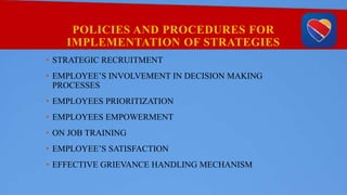 POLICIES AND PROCEDURES FOR
IMPLEMENTATION OF STRATEGIES
• STRATEGIC RECRUITMENT
• EMPLOYEE’S INVOLVEMENT IN DECISION MAKING
PROCESSES
• EMPLOYEES PRIORITIZATION
• EMPLOYEES EMPOWERMENT
• ON JOB TRAINING
• EMPLOYEE’S SATISFACTION
• EFFECTIVE GRIEVANCE HANDLING MECHANISM
 