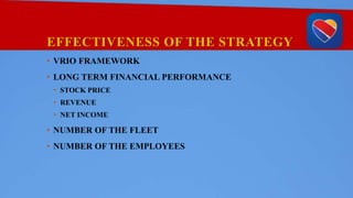 EFFECTIVENESS OF THE STRATEGY
• VRIO FRAMEWORK
• LONG TERM FINANCIAL PERFORMANCE
• STOCK PRICE
• REVENUE
• NET INCOME
• NUMBER OF THE FLEET
• NUMBER OF THE EMPLOYEES
 
