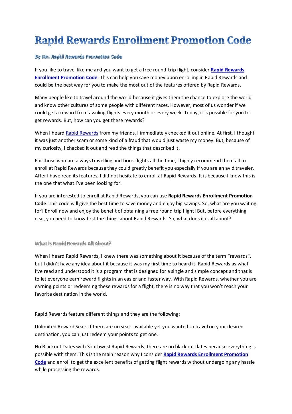 Southwest Rapid Rewards Enrollment Promotion Code