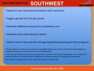 LONG TERM OBJECTIVES Expand to near-international locations with coach fares Target a growth of 4-5 % per annum Generate additional revenues thru Southwest.com Introduce and sustain Business Select* Deliver more to the customer through Rapid Rewards (frequent flyer program) *Business Select is an option for customers to pay slightly higher fares in return for first boarding privileges (no assigned seating), a free cocktail, extra credit on Rapid Rewards. # The Long Term Objectives have been extracted from a webcast of the speech made by Ms. Laura Wright, CFO – Southwest Airlines on the18th of March, 2008 at the JP Morgan Aviation & Transportation Conference http://www.southwest.com/investor_relations/fs_events_calendar.html 