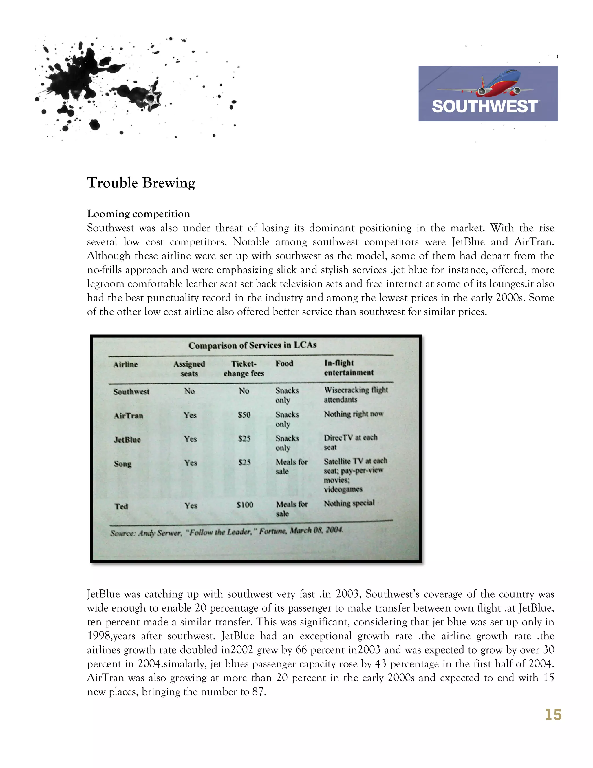 7th October 2011

                                                                           Southwest Airline



Trouble Brewing
Looming competition
Southwest was also under threat of losing its dominant positioning in the market. With the rise
several low cost competitors. Notable among southwest competitors were JetBlue and AirTran.
Although these airline were set up with southwest as the model, some of them had depart from the
no-frills approach and were emphasizing slick and stylish services .jet blue for instance, offered, more
legroom comfortable leather seat set back television sets and free internet at some of its lounges.it also
had the best punctuality record in the industry and among the lowest prices in the early 2000s. Some
of the other low cost airline also offered better service than southwest for similar prices.




JetBlue was catching up with southwest very fast .in 2003, Southwest’s coverage of the country was
wide enough to enable 20 percentage of its passenger to make transfer between own flight .at JetBlue,
ten percent made a similar transfer. This was significant, considering that jet blue was set up only in
1998,years after southwest. JetBlue had an exceptional growth rate .the airline growth rate .the
airlines growth rate doubled in2002 grew by 66 percent in2003 and was expected to grow by over 30
percent in 2004.simalarly, jet blues passenger capacity rose by 43 percentage in the first half of 2004.
AirTran was also growing at more than 20 percent in the early 2000s and expected to end with 15
new places, bringing the number to 87.

                                                                                                       15
 