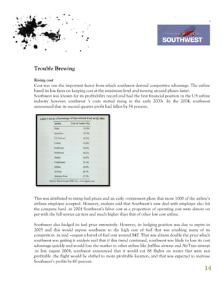 7th October 2011

                                                                           Southwest Airline



Trouble Brewing
Rising cost
Cost was one the important factor from which southwest derived competitive advantage. The airline
based its low fares on keeping cost at the minimum level and turning around planes faster.
Southwest was known for its profitability record and had the best financial position in the US airline
industry however; southwest ‘s costs started rising in the early 2000s .In the 2004, southwest
announced that its second quarter profit had fallen by 54 percent.




This was attributed to rising fuel prices and an early –retirement plans that more 1000 of the airline’s
airlines employee accepted. However, analysts said that Southwest’s new deal with employee also hit
the company hard .in 2004 Southwest’s labor cost as a proportion of operating cost were almost on
per with the full service carriers and much higher than that of other low cost airline.

Southwest also hedged its fuel price extensively. However, its hedging position was due to expire in
2005 and this would expose southwest to the high cost of fuel that was crushing many of its
competitors .in mid –august a barrel of fuel cost around $47. That was almost double the price which
southwest was getting it analysis said that if this trend continued, southwest was likely to lose its cost
advantage quickly and would lose the market to other airline like JetBlue airways and AirTran airways
.in late august 2004, southwest announced that it would cut 88 flights on routes that were not
profitable .the flight would be shifted to more profitable location, and that was expected to increase
Southwest’s profits by 60 percent.
                                                                                                      14
 