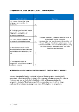 35 | P a g e
RE-EXAMINATION OF AN ORGANIZATION’S CURRENT MISSION
WHAT IS THE APPROPRIATE BUSINESS STRATEGY FOR SOUTHWEST AIRLINE?
Business strategy asks how the company, or its units should compete or cooperate in
each industry, Southwest Airlines is always offering unique selling proposition lies in being
the largest low-cost carrier in the United States which will be categorized under
competitive strategies/ Cost leadership which means that company is able to design,
produce and market a comparable product more efficiently than its competitors.
Mission Checklist Y/N Comment
1.It must be short so that every
employee can remember the
statement. Y
Customer experience is the most important factor in
philosophy of mission statement,
It is measurable, easy to understand and correlated with
the way of how to attract more customers and those
customers will be the best marketer for southwest using
the "word of mouth" which will reflect their great
experience with Southwest.
2.The design must be simple so that
everyone in the company can
understand what the senior
leadership team desires. Y
3.It has to provide direction to the
activities of company employees. Y
4.The statement should enable
employees knowing exactly what the
company does and what it does not
do. Y
5.The statement should be
measurable so that the company can
visibly see progress Y
 