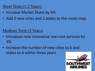 Short Term (1-2 Years)
• Increase Market Share by 5%
• Add 2 new cities and 2 states to the route map

Medium Term (3 Years)
• Introduce new innovative low-cost services by
  3%
• Increase the number of new cities to 5 and
  states to 4 within three years
 