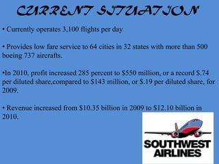 CURRENT SITUATION
• Currently operates 3,100 flights per day

• Provides low fare service to 64 cities in 32 states with more than 500
boeing 737 aircrafts.

•In 2010, profit increased 285 percent to $550 million, or a record $.74
per diluted share,compared to $143 million, or $.19 per diluted share, for
2009.

• Revenue increased from $10.35 billion in 2009 to $12.10 billion in
2010.
 