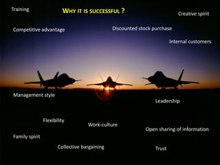 WHY IT IS SUCCESSFUL ?
Competitive advantage
Internal customers
Management style
Leadership
Work-culture
Family spirit
Trust
Training
Collective bargaining
Creative spirit
Discounted stock purchase
Flexibility
Open sharing of information
 
