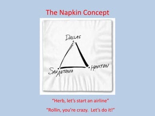“Herb, let’s start an airline”
“Rollin, you’re crazy. Let’s do it!”
The Napkin Concept
 
