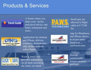 Products & Services A forum where you share your  stories and travel advice, rate hotel, restaurants and more..  Application for desktop and iPhone, delivers  exclusive, limited-time-only airfare deals on select flights   Small pets are allowed in flight cabin at $ 75.00 fee  Weekly email that provides information on all deals including air, hotel, car rental App for Blackberry and iPhone allows to access same feature as southwest.com Provide customizable  leisure vacation packages 